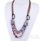 Wonderful Multi Color Burst Pattern Agate Loop Chain Necklace With Dark Red Ribbon