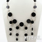 New Design Black Flat Round Agate Necklace with Metal Chain