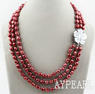 Trois brins 8-9mm rouge brun Couleur baroque collier de perles avec fermoir fleur blanche Shell
