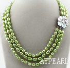 Three Strands 8-9mm Apple Green Color Baroque Pearl Necklace with White Shell Clasp