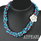 three strand turquoise and coral necklace with shell flwer clasp
