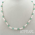 Single Strand White Freshwater Pearl and Aventurine Beaded Necklace