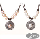 Newly Popular Style 2 pcs Freshwater Pearl Leather Necklace with Round Tibet Silver Pendant
