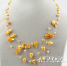 Three Strands Fantasy Style Yellow Color Teeth Shape Pearl Necklace