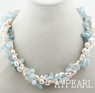 Multi Strands White Freshwater Pearl and Aquamarine Chips Twisted Necklace