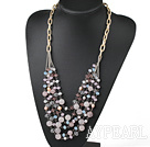Pink Series Multi Layer Freshwater Pearl and Rose Quartz and Pink Crystal Necklace with Metal Chain
