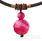 Simple Design Faceted Rose Red Agate Pendant Necklace with Dark Red Thread