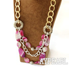 fashion pink agate necklace with golden color metal chain