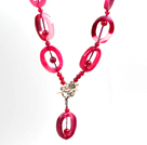 Pink Series Wire Wrapped Pink Crystallized Agate Pendant Necklace with Brown Leather