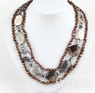 three strand brown pearl gray agate necklace with heart shape clasp