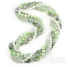 Multi Strands Natural Prehnite and White and Light Green Freshwater Pearl Necklace