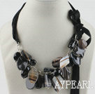 23.6 inches chunky black agate necklace with ribbon