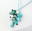 Lovely Freshwater Pearl Crystal And Multi Blue Turquoise Threaded Pendant Necklace