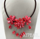 Watermelon Red Pearl Shell Flower Necklace with Black Cord