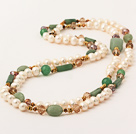 Long Style White Freshwater Pearl and Green Jade Stone Necklace