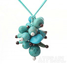 Lovely Cluster Style Mixed Shape Blue Turquoise And Round Garnet Pendant Necklace With Green Cords