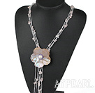 Elegant Mother Of Pearl Shell Flower And Rose Quartz Chips Y Shape Pendant Necklace