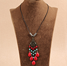 Simple Vintage Style Chandelier Shape Turquoise Tear Drop Coral Beads Tassel Pendant Necklace With Black Leather