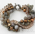 Multi Strand Brown Freshwater Pearl Crystal and Flashing Stone Bracelet