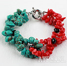 Turquoise and Red Coral Bracelet with Lobster Clasp