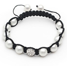 10mm Round White Seashell Beads and Rhinestone Ball Bracelet with Adjustable Thread
