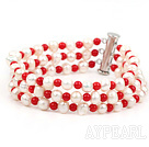Three Strands Round White Freshwater Pearl and Red Coral Bracelet