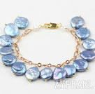 Bleu Bracelet perle d'eau douce Coin avec chaîne en métal jaune