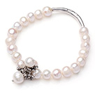 8-9mm White Freshwater Pearl Elastic Bangle Bracelet with Metal Flower Accessories