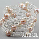 Clear Crystal og rosa ferskvannsperle Wrap Bangle Bracelet