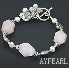 7 inches white pearl and rose quartz bracelet with toggle clasp