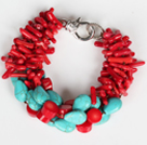 Multi Strands Assorted Red Coral Branch and Oval Shape Turquoise Bracelet