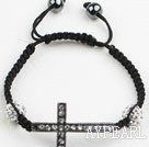 Fashion Style Sideway/Side Way Black Rhinestone Cross Bracelet with Drawstring Adjustable Cord