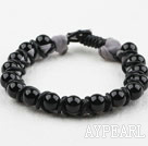Fashion Style Leather and Round Black Agate Bracelet with Metal Clasp