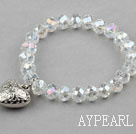 Clear Manmade Crystal Elastic Bangle Bracelet with Heart Shape Metal Accessories