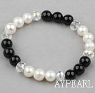 White Freshwater Pearl and Clear Crystal and Black Agate Beaded Bangle Bracelet