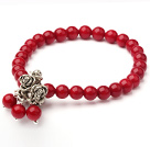 6mm Round Red Coral Elastic Bangle Bracelet with Metal Rose Accessories