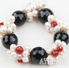 Assorted hvit Freshwater Pearl og Big Black Agate Stretch Bracelet
