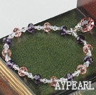 Fashion Pink Purple And White Czech Crystal Elastic Stretch Bracelet With Pink Teardrop Pendant