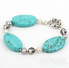 Nice White Gray Pearl And Large Oval Shape Turquoise And Crystal Bracelet