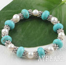 Fashion White Freshwater Pearl And Turquoise Metal Charm Beaded Elastic Bangle Bracelet