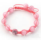 Pink Series 10mm Round Pink Cats Eye and Rhinestone Beads Adjustable Drawstring Bracelet