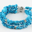 Popular 3-Strand Chips Blue Turquoise And Butterfly Metal Charm Bracelet With 3-Row Clasp