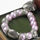 Nice Purple Round Acrylic Pearl And Engraved Metal Charm Heart Pendant Bracelet