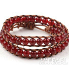 Two Rows Round Red Carnelian Beads Woven Wrap Bangle Bracelet with Metal Clasp