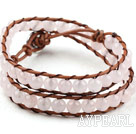 Two Rows Round Rose Quartz Beads Weaved Wrap Bangle Bracelet with Metal Clasp