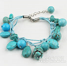 Classic Design Round Oval Mixed Shape Blue Turquoise Threaded Bracelet With Extendable Chain