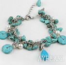 Nice Loop Chain Style White Pearl And Disc Teardrop Chipped Turquoise Bracelet