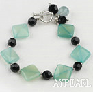 Elegant Blue Rhombus Jade And Black Faceted Crystal Ball Bracelet With Toggle Clasp
