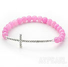 Rosa Serie 6mm Pink Candy Jade Pärlor och Sideway / Side Way Vit Rhinestone Cross stretch armband