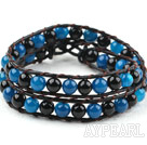 To rader omg svart og blå Agate Perler weaved Wrap Bangle Bracelet med Metal Clasp